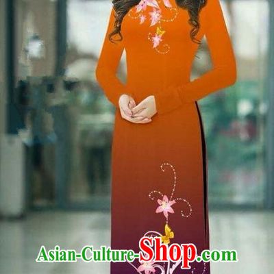 Top Grade Asian Vietnamese Costumes Classical Jing Nationality Printing Handmade Coffee Cheongsam, Vietnam National Vietnamese Traditional Princess Ao Dai Dress