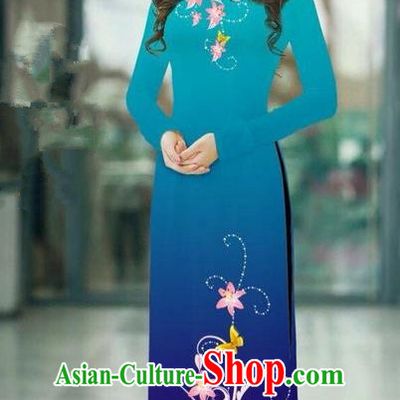 Top Grade Asian Vietnamese Costumes Classical Jing Nationality Printing Handmade Peacock Green Cheongsam, Vietnam National Vietnamese Traditional Princess Ao Dai Dress