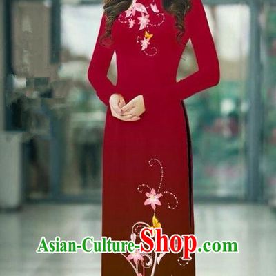 Top Grade Asian Vietnamese Costumes Classical Jing Nationality Printing Handmade Purplish Red Cheongsam, Vietnam National Vietnamese Traditional Princess Ao Dai Dress