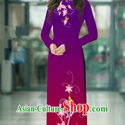 Top Grade Asian Vietnamese Costumes Classical Jing Nationality Printing Handmade Purple Cheongsam, Vietnam National Vietnamese Traditional Princess Ao Dai Dress