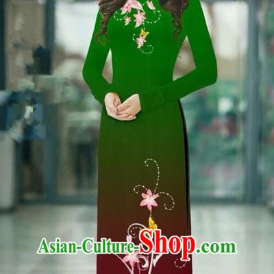 Top Grade Asian Vietnamese Costumes Classical Jing Nationality Printing Handmade Green Cheongsam, Vietnam National Vietnamese Traditional Princess Ao Dai Dress