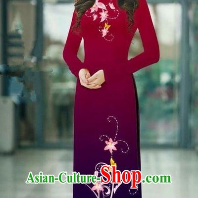 Top Grade Asian Vietnamese Costumes Classical Jing Nationality Printing Handmade Wine Red Cheongsam, Vietnam National Vietnamese Traditional Princess Ao Dai Dress