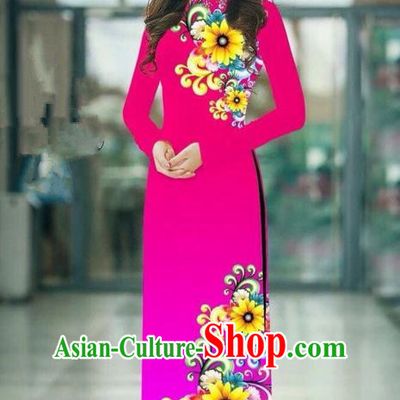 Top Grade Asian Vietnamese Costumes Classical Jing Nationality Printing Handmade Pink Cheongsam, Vietnam National Vietnamese Traditional Princess Ao Dai Dress