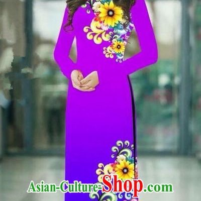 Top Grade Asian Vietnamese Costumes Classical Jing Nationality Printing Handmade Fuschia Cheongsam, Vietnam National Vietnamese Traditional Princess Ao Dai Dress