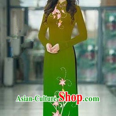 Top Grade Asian Vietnamese Costumes Classical Jing Nationality Printing Handmade Light Green Cheongsam, Vietnam National Vietnamese Traditional Princess Ao Dai Dress