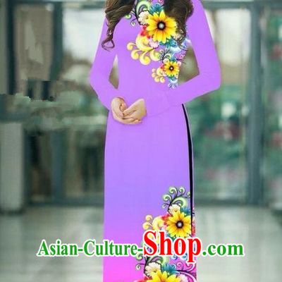 Top Grade Asian Vietnamese Costumes Classical Jing Nationality Printing Handmade Gradient Lilac Cheongsam, Vietnam National Vietnamese Traditional Princess Ao Dai Dress