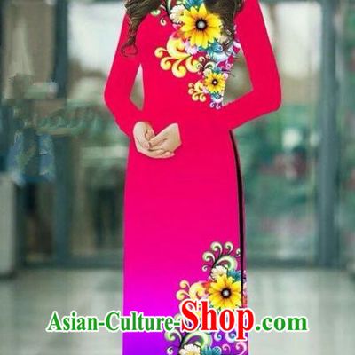 Top Grade Asian Vietnamese Costumes Classical Jing Nationality Printing Handmade Gradient Fuschia Cheongsam, Vietnam National Vietnamese Traditional Princess Ao Dai Dress