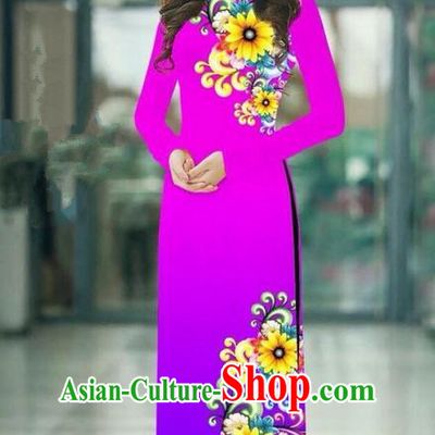Top Grade Asian Vietnamese Costumes Classical Jing Nationality Printing Handmade Gradient Purple Cheongsam, Vietnam National Vietnamese Traditional Princess Ao Dai Dress