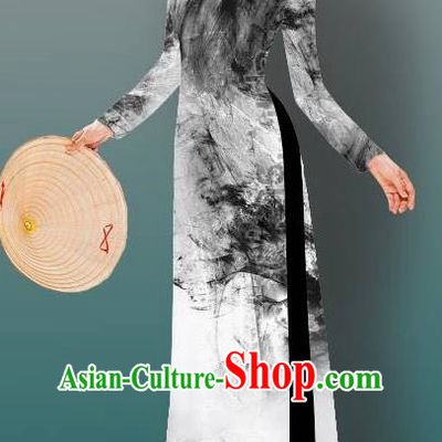 Top Grade Asian Vietnamese Costumes Classical Jing Nationality Gradient Watercolor Printing Cheongsam, Vietnam National Vietnamese Traditional Princess Ao Dai Dress for Women