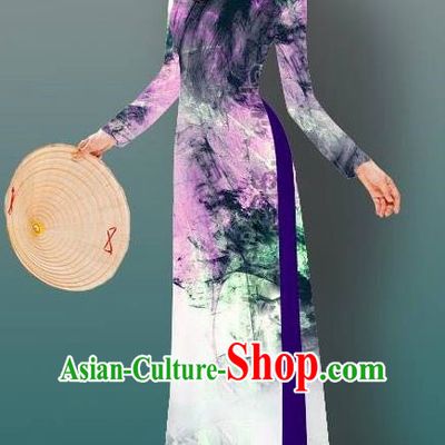 Top Grade Asian Vietnamese Costumes Classical Jing Nationality Gradient Watercolor Printing Cheongsam, Vietnam National Vietnamese Traditional Princess Ao Dai Dress for Women