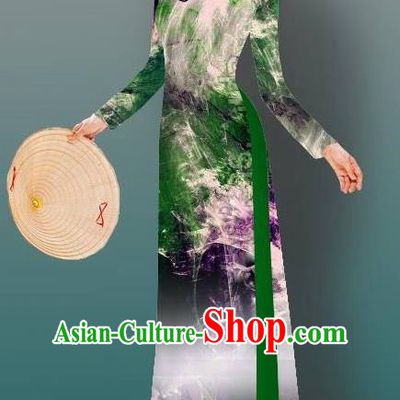 Top Grade Asian Vietnamese Costumes Classical Jing Nationality Gradient Watercolor Printing Green Cheongsam, Vietnam National Vietnamese Traditional Princess Ao Dai Dress
