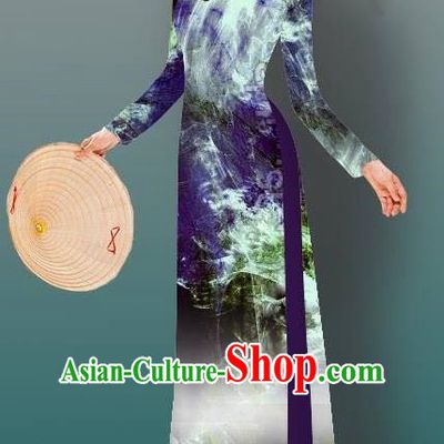 Top Grade Asian Vietnamese Costumes Classical Jing Nationality Gradient Watercolor Printing Blue Cheongsam, Vietnam National Vietnamese Traditional Princess Ao Dai Dress