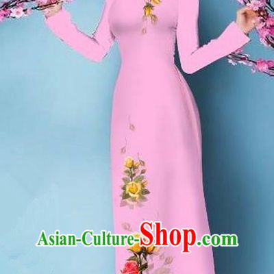 Top Grade Asian Vietnamese Costumes Classical Jing Nationality Printing Handmade Pink Cheongsam, Vietnam National Vietnamese Bride Traditional Princess Ao Dai Dress