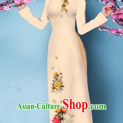 Top Grade Asian Vietnamese Costumes Classical Jing Nationality Printing Handmade Beige Cheongsam, Vietnam National Vietnamese Bride Traditional Princess Ao Dai Dress