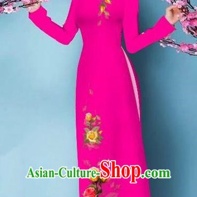 Top Grade Asian Vietnamese Costumes Classical Jing Nationality Printing Handmade Rosy Cheongsam, Vietnam National Vietnamese Bride Traditional Princess Ao Dai Dress