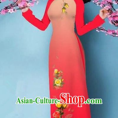 Top Grade Asian Vietnamese Costumes Classical Jing Nationality Printing Handmade Watermelon Red Cheongsam, Vietnam National Vietnamese Bride Traditional Princess Ao Dai Dress