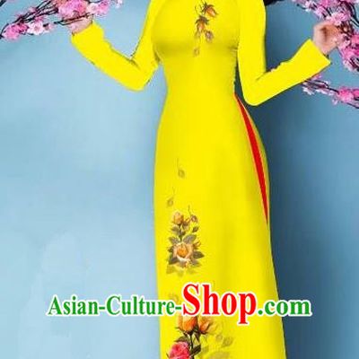 Top Grade Asian Vietnamese Costumes Classical Jing Nationality Printing Handmade Yellow Cheongsam, Vietnam National Vietnamese Bride Traditional Princess Ao Dai Dress