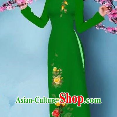 Top Grade Asian Vietnamese Costumes Classical Jing Nationality Printing Handmade Green Cheongsam, Vietnam National Vietnamese Bride Traditional Princess Ao Dai Dress