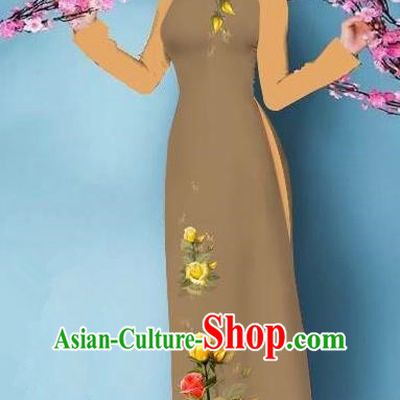 Top Grade Asian Vietnamese Costumes Classical Jing Nationality Printing Handmade Coffee Cheongsam, Vietnam National Vietnamese Bride Traditional Princess Ao Dai Dress