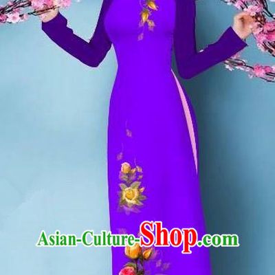 Top Grade Asian Vietnamese Costumes Classical Jing Nationality Printing Handmade Purple Cheongsam, Vietnam National Vietnamese Bride Traditional Princess Ao Dai Dress