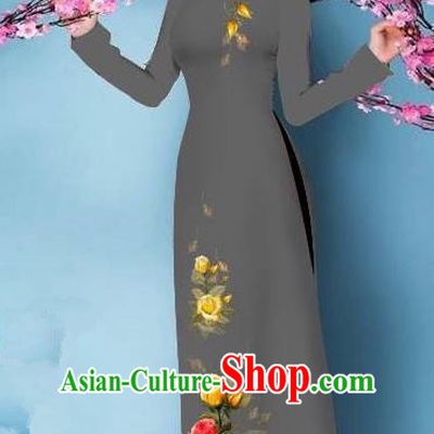 Top Grade Asian Vietnamese Costumes Classical Jing Nationality Printing Handmade Grey Cheongsam, Vietnam National Vietnamese Bride Traditional Princess Ao Dai Dress
