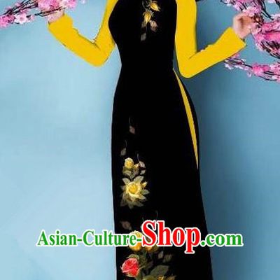 Top Grade Asian Vietnamese Costumes Classical Jing Nationality Printing Handmade Black Cheongsam, Vietnam National Vietnamese Bride Traditional Princess Ao Dai Dress