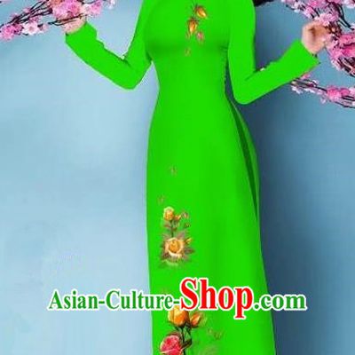 Top Grade Asian Vietnamese Costumes Classical Jing Nationality Printing Handmade Light Green Cheongsam, Vietnam National Vietnamese Bride Traditional Princess Ao Dai Dress
