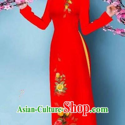 Top Grade Asian Vietnamese Costumes Classical Jing Nationality Printing Handmade Red Cheongsam, Vietnam National Vietnamese Bride Traditional Princess Ao Dai Dress