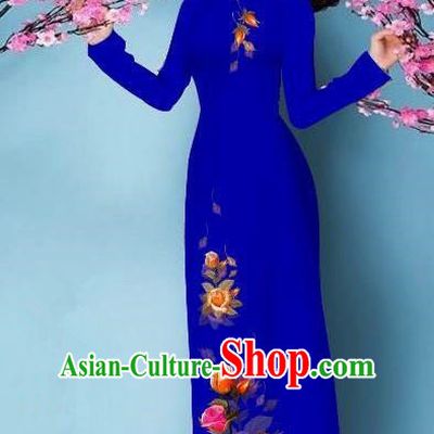 Top Grade Asian Vietnamese Costumes Classical Jing Nationality Printing Handmade Royalblue Cheongsam, Vietnam National Vietnamese Bride Traditional Princess Ao Dai Dress