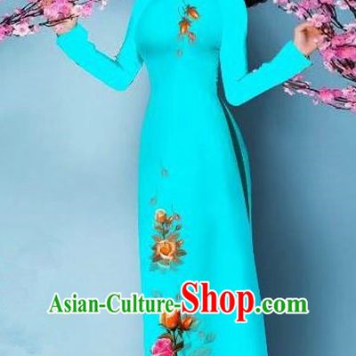 Top Grade Asian Vietnamese Costumes Classical Jing Nationality Printing Handmade Light Blue Cheongsam, Vietnam National Vietnamese Bride Traditional Princess Ao Dai Dress