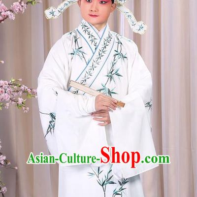 Traditional Chinese Beijing Opera White Dress Clothing, China Peking Opera Young Man Costume Embroidered Bamboo Leaf Robe Opera Costumes