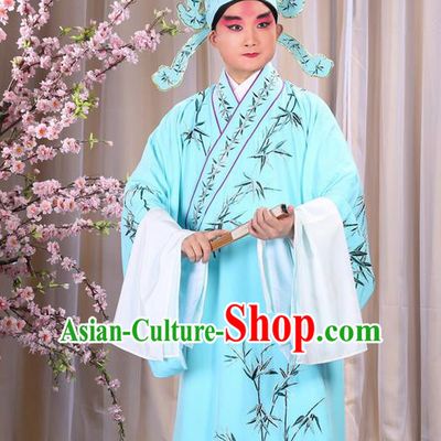 Traditional Chinese Beijing Opera Blue Dress Clothing, China Peking Opera Young Man Costume Embroidered Bamboo Leaf Robe Opera Costumes