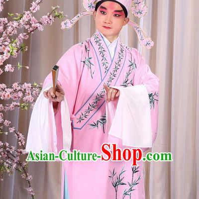 Traditional Chinese Beijing Opera Pink Dress Clothing, China Peking Opera Young Man Costume Embroidered Bamboo Leaf Robe Opera Costumes