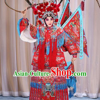 Traditional Chinese Beijing Opera Magic Warriors Red Clothing and Shoes Complete Set, China Peking Opera Blues Costume Embroidered Robe Opera Costumes