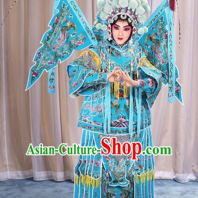 Traditional Chinese Beijing Opera Magic Warriors Blue Clothing and Shoes Complete Set, China Peking Opera Blues Costume Embroidered Robe Opera Costumes