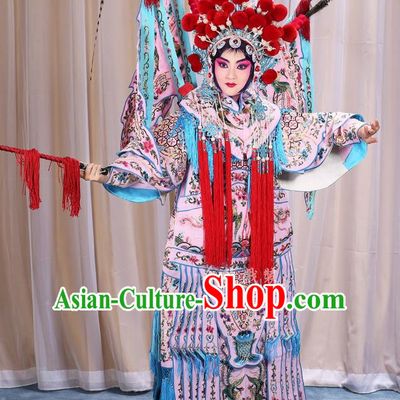 Traditional Chinese Beijing Opera Magic Warriors Pink Clothing and Shoes Complete Set, China Peking Opera Blues Costume Embroidered Robe Opera Costumes