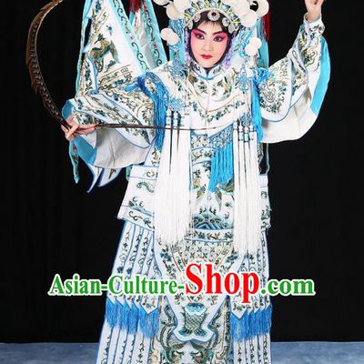 Traditional Chinese Beijing Opera Magic Warriors White Mu Guiying Clothing and Shoes Complete Set, China Peking Opera Blues Costume Embroidered Robe Opera Costumes