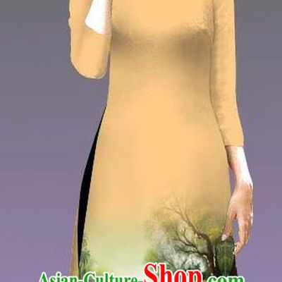 Top Grade Asian Vietnamese Costumes Classical Jing Nationality Landscape Painting Cheongsam, Vietnam National Vietnamese Bride Traditional Princess Khaki Ao Dai Dress