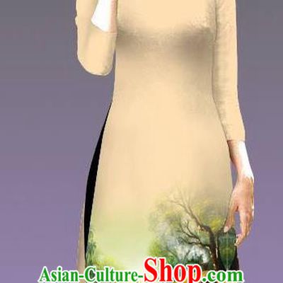 Top Grade Asian Vietnamese Costumes Classical Jing Nationality Landscape Painting Cheongsam, Vietnam National Vietnamese Bride Traditional Princess Yellow Ao Dai Dress