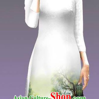 Top Grade Asian Vietnamese Costumes Classical Jing Nationality Landscape Painting Cheongsam, Vietnam National Vietnamese Bride Traditional Princess White Ao Dai Dress