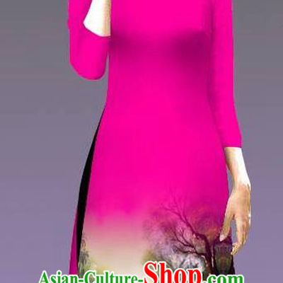 Top Grade Asian Vietnamese Costumes Classical Jing Nationality Landscape Painting Cheongsam, Vietnam National Vietnamese Bride Traditional Princess Rosy Ao Dai Dress