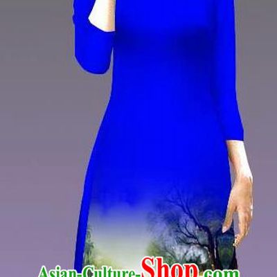 Top Grade Asian Vietnamese Costumes Classical Jing Nationality Landscape Painting Cheongsam, Vietnam National Vietnamese Bride Traditional Princess Royalblue Ao Dai Dress