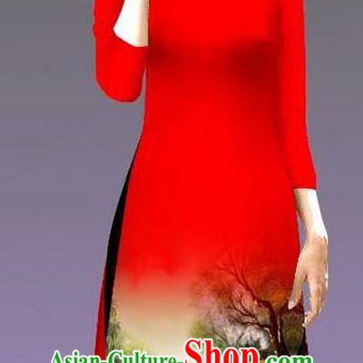 Top Grade Asian Vietnamese Costumes Classical Jing Nationality Landscape Painting Cheongsam, Vietnam National Vietnamese Bride Traditional Princess Red Ao Dai Dress
