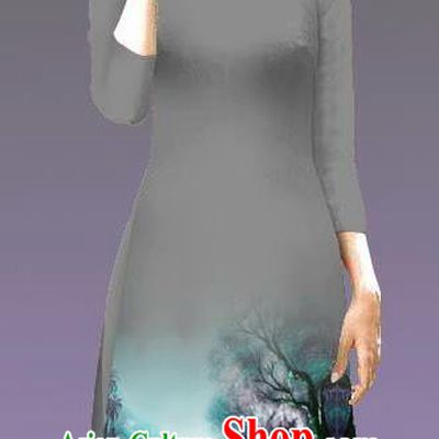 Top Grade Asian Vietnamese Costumes Classical Jing Nationality Landscape Painting Cheongsam, Vietnam National Vietnamese Bride Traditional Princess Grey Ao Dai Dress