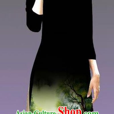 Top Grade Asian Vietnamese Costumes Classical Jing Nationality Landscape Painting Cheongsam, Vietnam National Vietnamese Bride Traditional Princess Black Ao Dai Dress