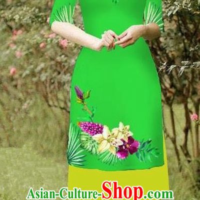 Top Grade Asian Vietnamese Costumes Classical Jing Nationality Short Cheongsam, Vietnam National Vietnamese Bride Traditional Princess Green Ao Dai Dress