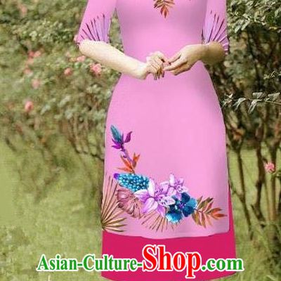 Top Grade Asian Vietnamese Costumes Classical Jing Nationality Short Cheongsam, Vietnam National Vietnamese Bride Traditional Princess Peachpuff Ao Dai Dress