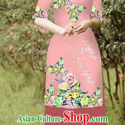 Top Grade Asian Vietnamese Costumes Classical Jing Nationality Short Cheongsam, Vietnam National Vietnamese Bride Traditional Princess Pink Ao Dai Dress