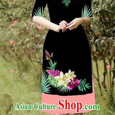 Top Grade Asian Vietnamese Costumes Classical Jing Nationality Short Cheongsam, Vietnam National Vietnamese Bride Traditional Princess Black Ao Dai Dress