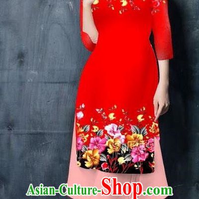 Top Grade Asian Vietnamese Costumes Classical Jing Nationality Short Cheongsam, Vietnam National Vietnamese Bride Traditional Princess Red Ao Dai Dress